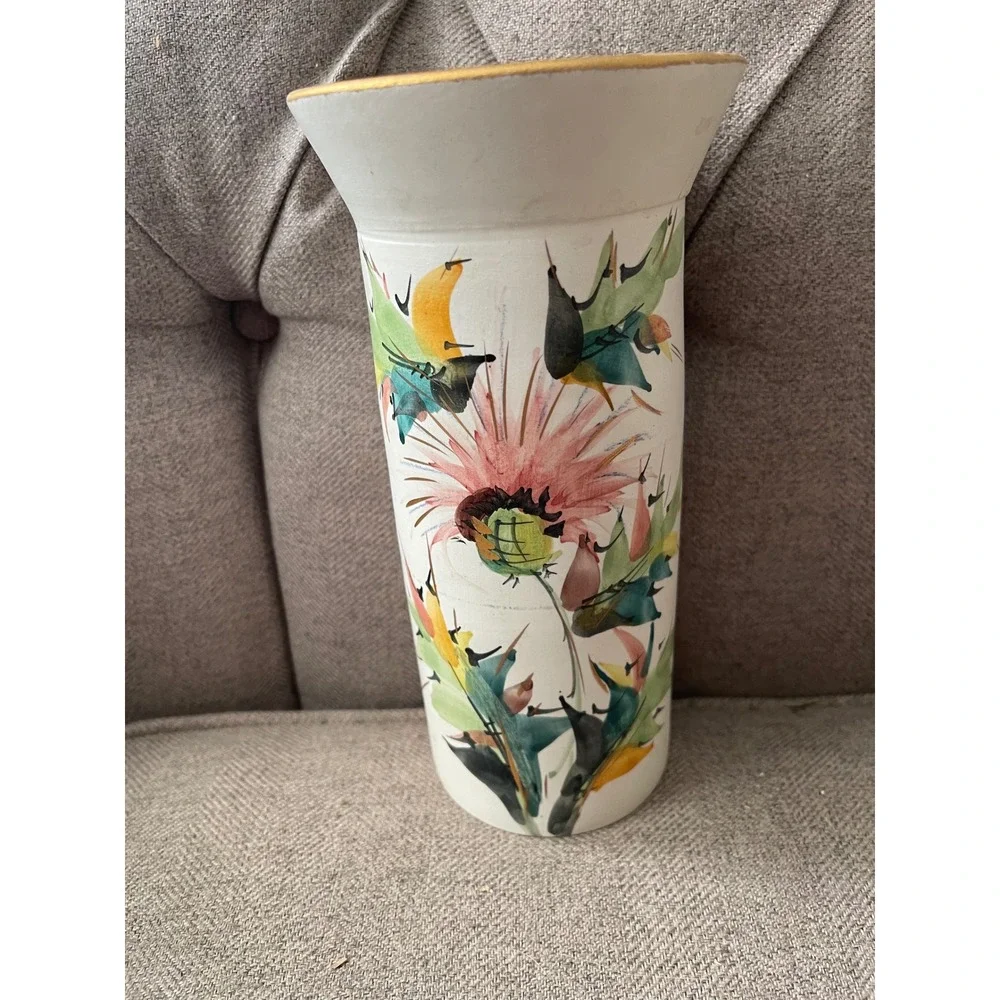 Vintage MCM Italian Art Pottery Vase Hand Painted Botanical Thistle Italy B3220F
